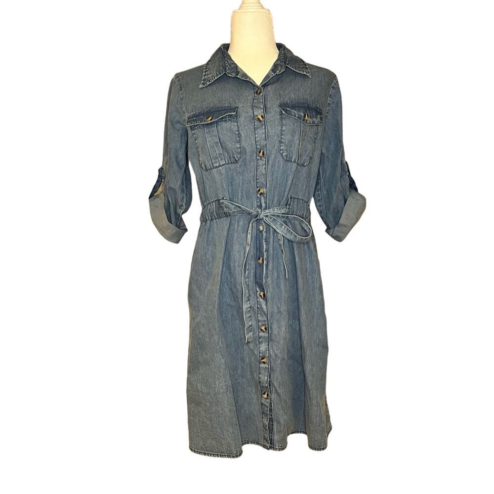 NWT: MPH Collection 100% Cotton Denim Chambray Belted Dress Medium (c-71)